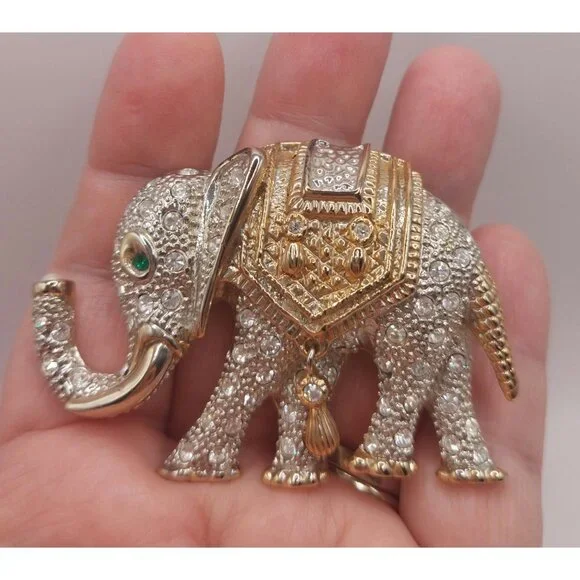 Estate Elephant Rhinestone Brooch Pin Vintage-Inspired W Green Eye~Hanging Charm - Picture 2 of 8